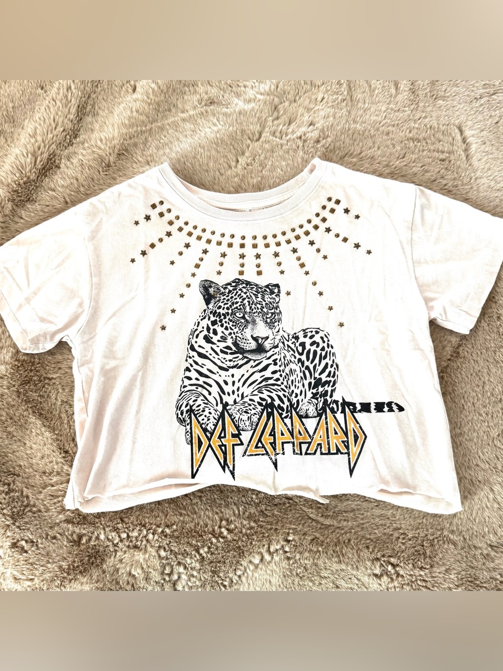 Cropped Def Leppard Kids' Graphic Tee - White with Studded Accent